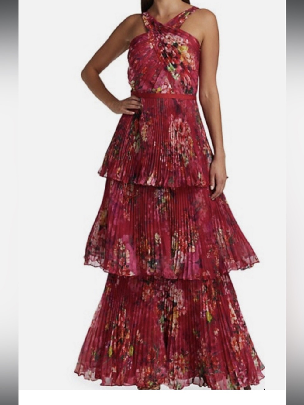 Tiered Cross-Halter Floral Maxi Dress in Berry